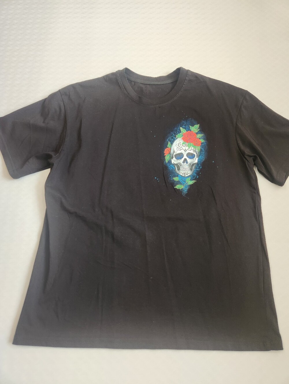 Halloween T-shirt M Black Cotton Handpainted Skull Rose Dead La Catrina Art New - Picture 7 of 12